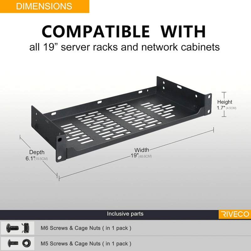 RIVECO 2 PCS 6” Rack Shelves for 19 inches Network Rack & Cabinets, 1U Rack Mount Shelf Vented Cantilever Tray, for Server, IT & Sound Equipment - Image 4